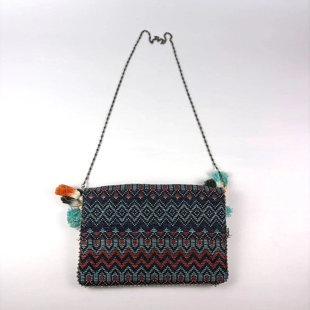 Steve Madden Josa Tassel & Bead Clutch Navy Coral Turquise Metal Strap Boho Fest